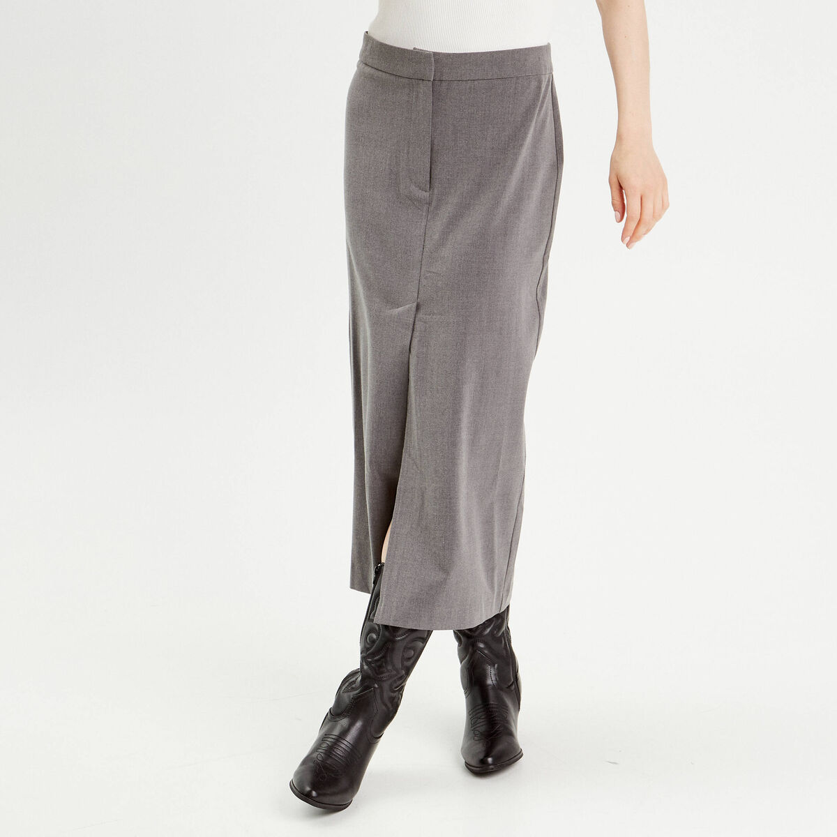 Jupe midi droite fendue gris foncé femme