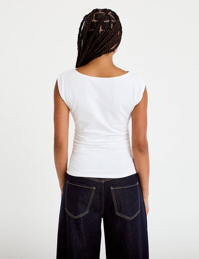 T-shirt ajust&eacute; col bateau sans manches blanc femme