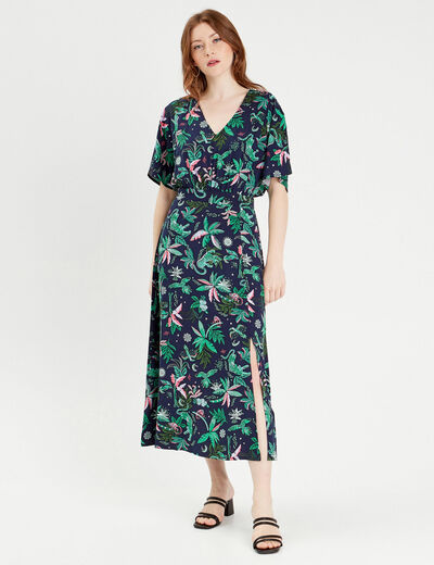 Robe longue évasée col en V bleu marine femme
