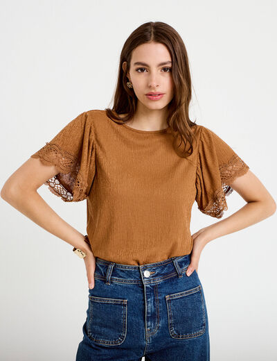 T-shirt col rond manches courtes beige femme