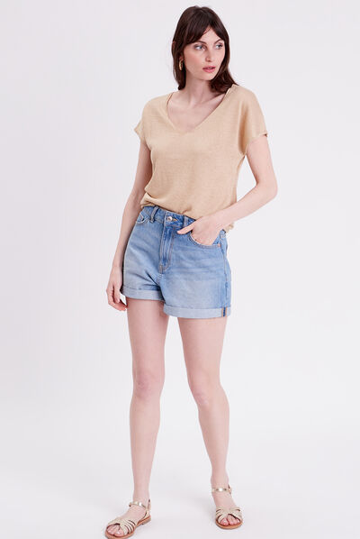Pull col en V dos ouvert sable femme