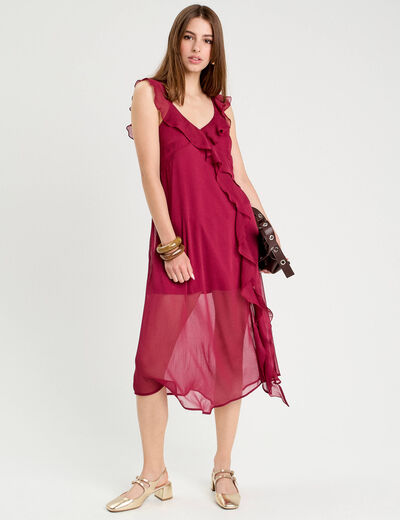 Robe longue évasée volants bordeaux femme