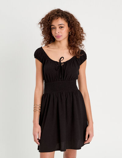 Robe évasée taille smockée noir femme