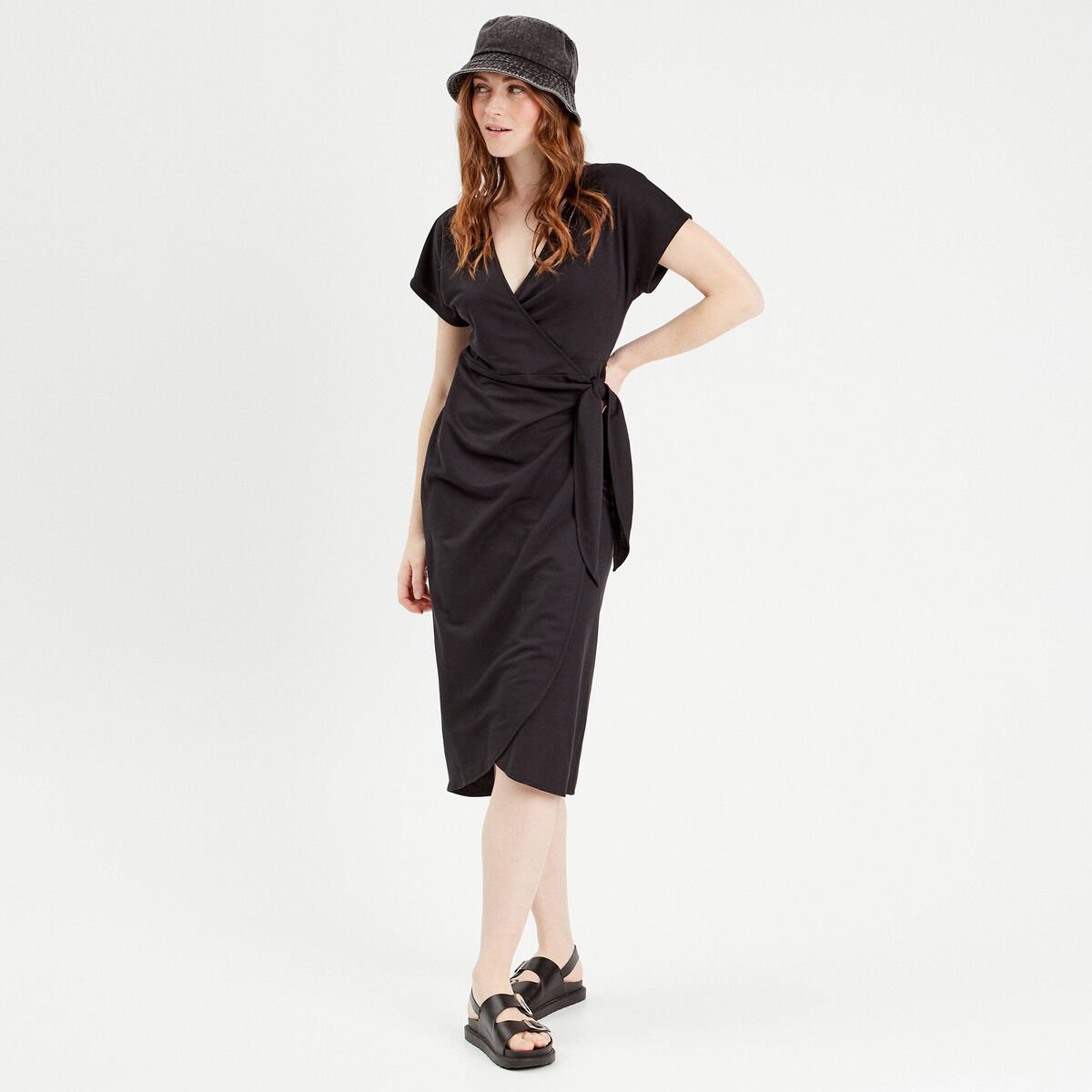 Robe midi portefeuille noir femme