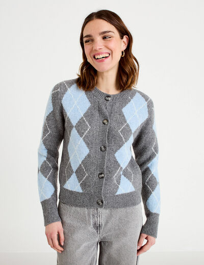 Cardigan col rond manches longues gris fonc&eacute; femme