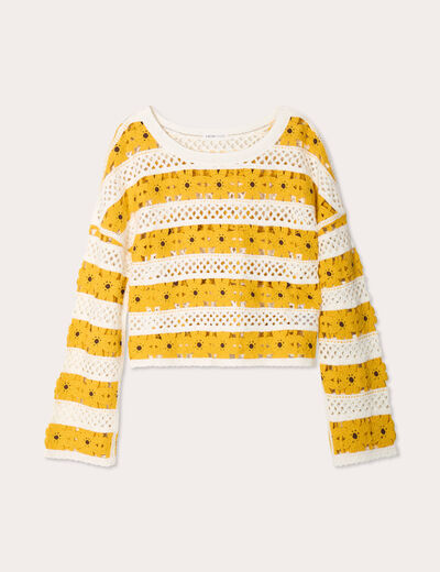 Pull ajouré effet crochet jaune citron femme