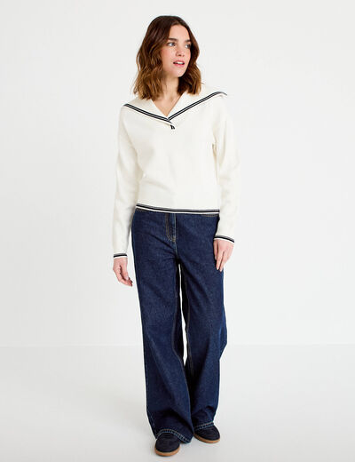 Pull col marin manches longues ecru femme