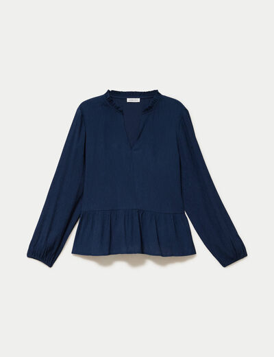 Blouse ample col v manches longues bleu marine femme