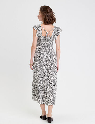 Robe longue évasée smockée blanc femme