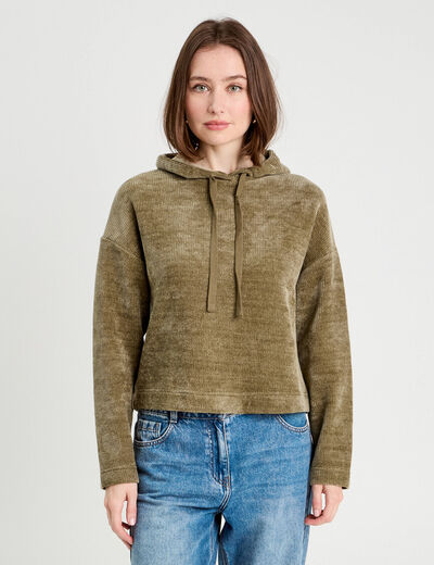 Sweat &agrave; capuche vert kaki femme