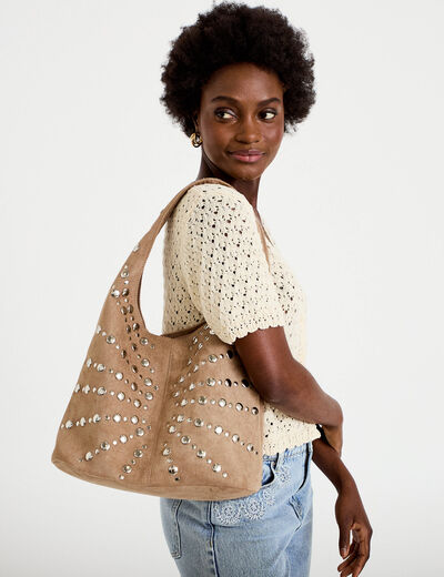 Sac aspect daim d&eacute;tails clout&eacute;s beige femme