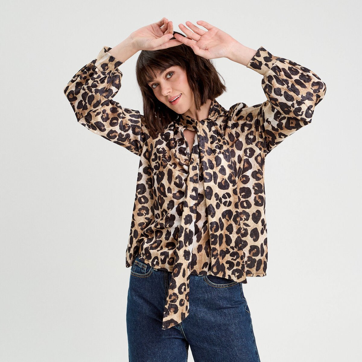 Blouse col lavallière beige femme