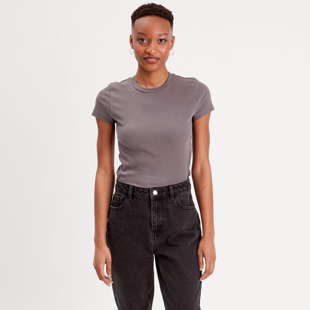 T-shirt manches courtes côtelé gris foncé femme