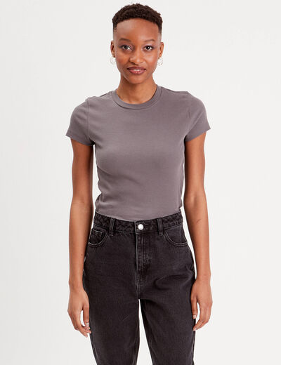 T-shirt manches courtes côtelé gris foncé femme