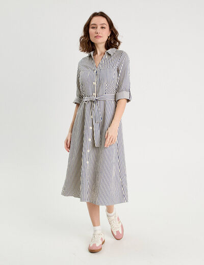 Robe longue chemise ceinturée bleu marine femme