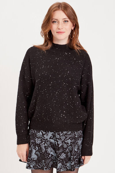Pull manches longues sequins noir femme