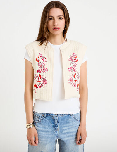 Gilet sans manches brod&eacute; blanc femme