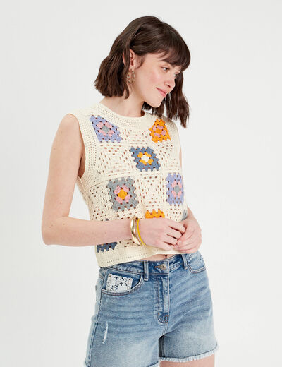 Débardeur macramé ecru femme