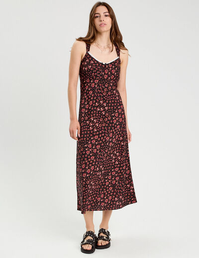 Robe longue évasée rouge corail femme