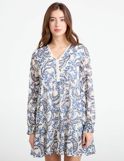Robe droite col v manches longues blanc femme