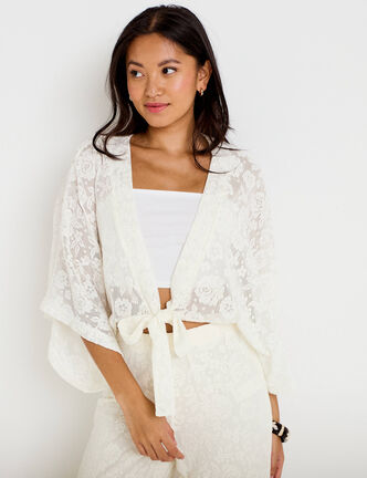 Kimono oversize ajour&eacute; ecru femme