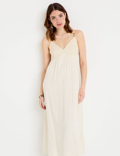 Robe bi-mati&egrave;re col v bretelles fines ecru femme