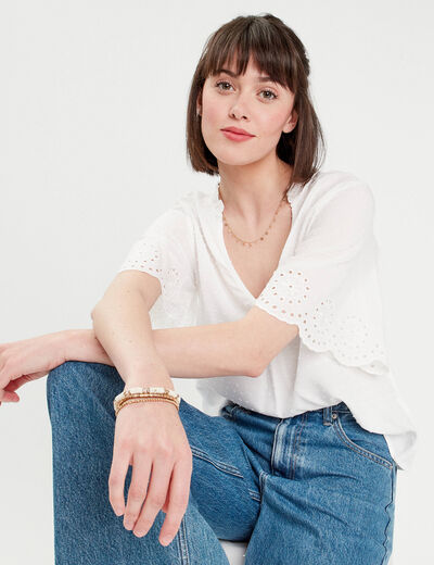Blouse manches courtes brodée blanc femme