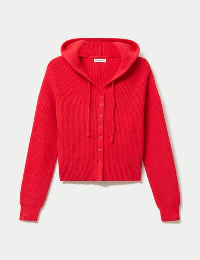 Pull ajust&eacute; &agrave; capuche manches longues rouge femme