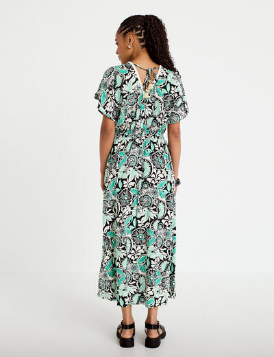 Robe &eacute;vas&eacute;e 3/4 col v manches courtes noir femme