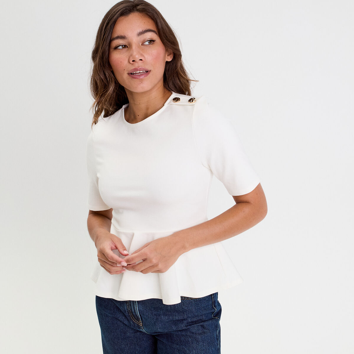 Top cintr&eacute; col rond manches longues ecru femme