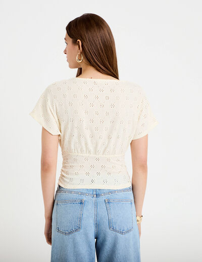 T-shirt ajour&eacute; col v manches courtes ecru femme
