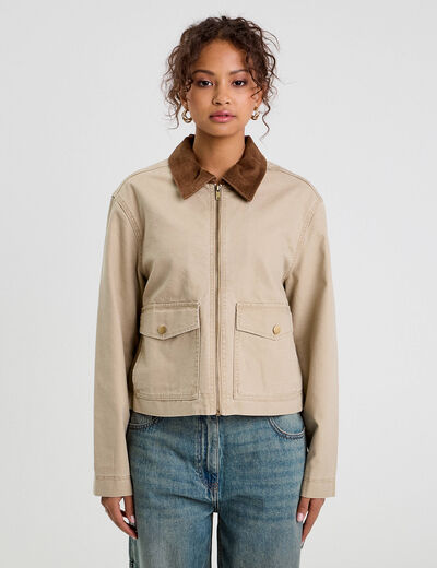 Veste zippée col effet velours beige fonce femme