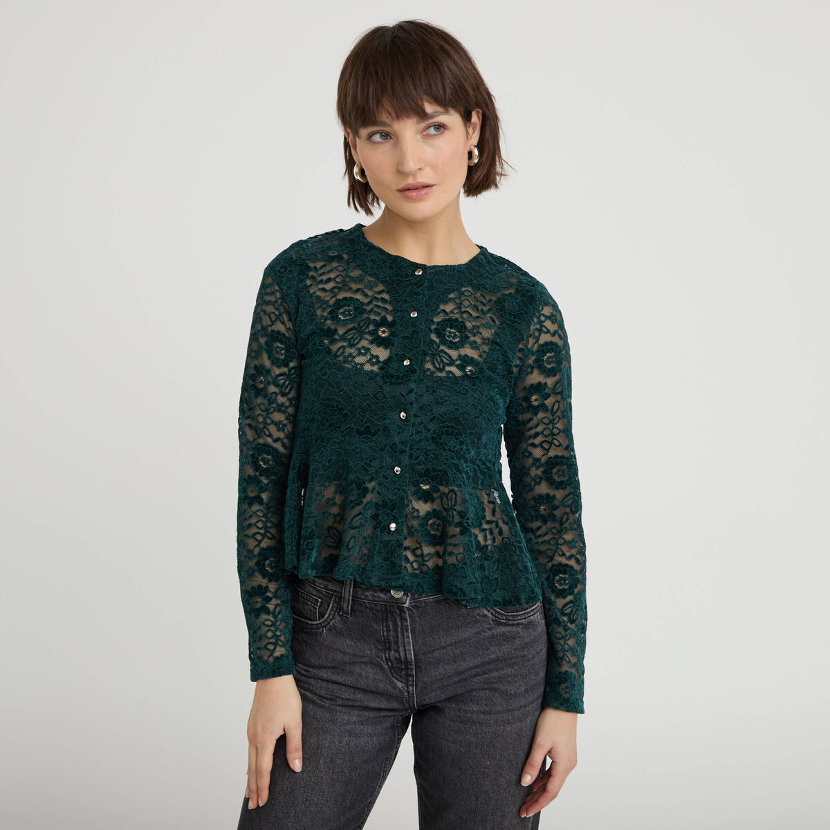 Blouse p&eacute;plum dentelle vert fonc&eacute; femme