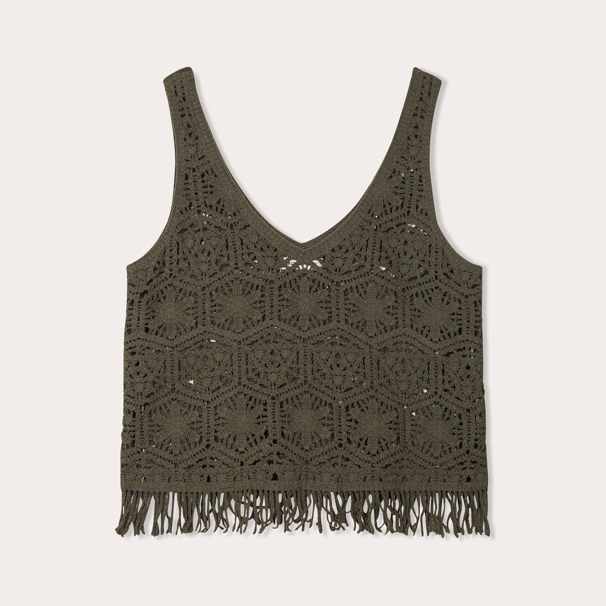 Débardeur macramé franges vert foncé femme