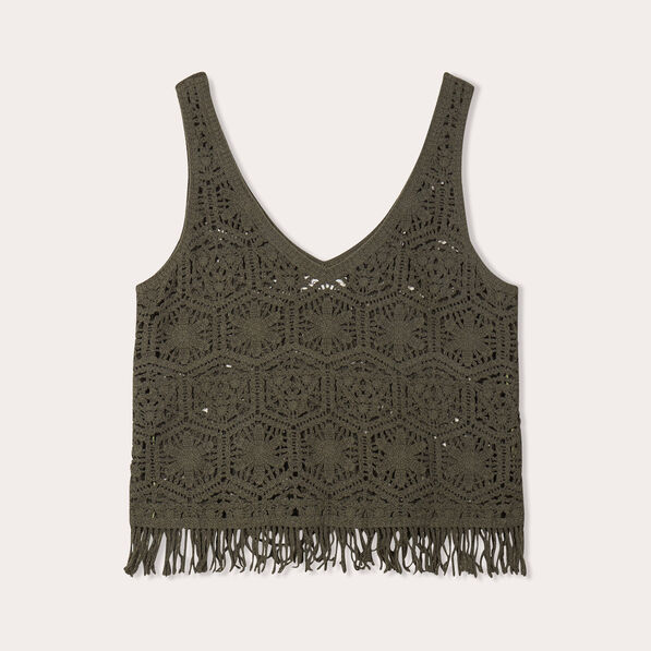 Débardeur macramé franges vert foncé femme