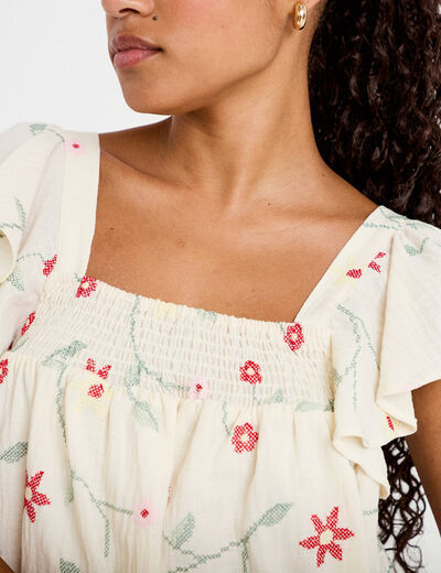Robe courte &eacute;vas&eacute;e brod&eacute;e blanc femme