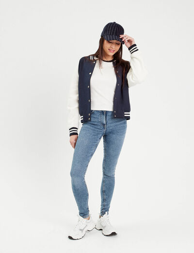 Veste boutonnée col teddy bleu marine femme