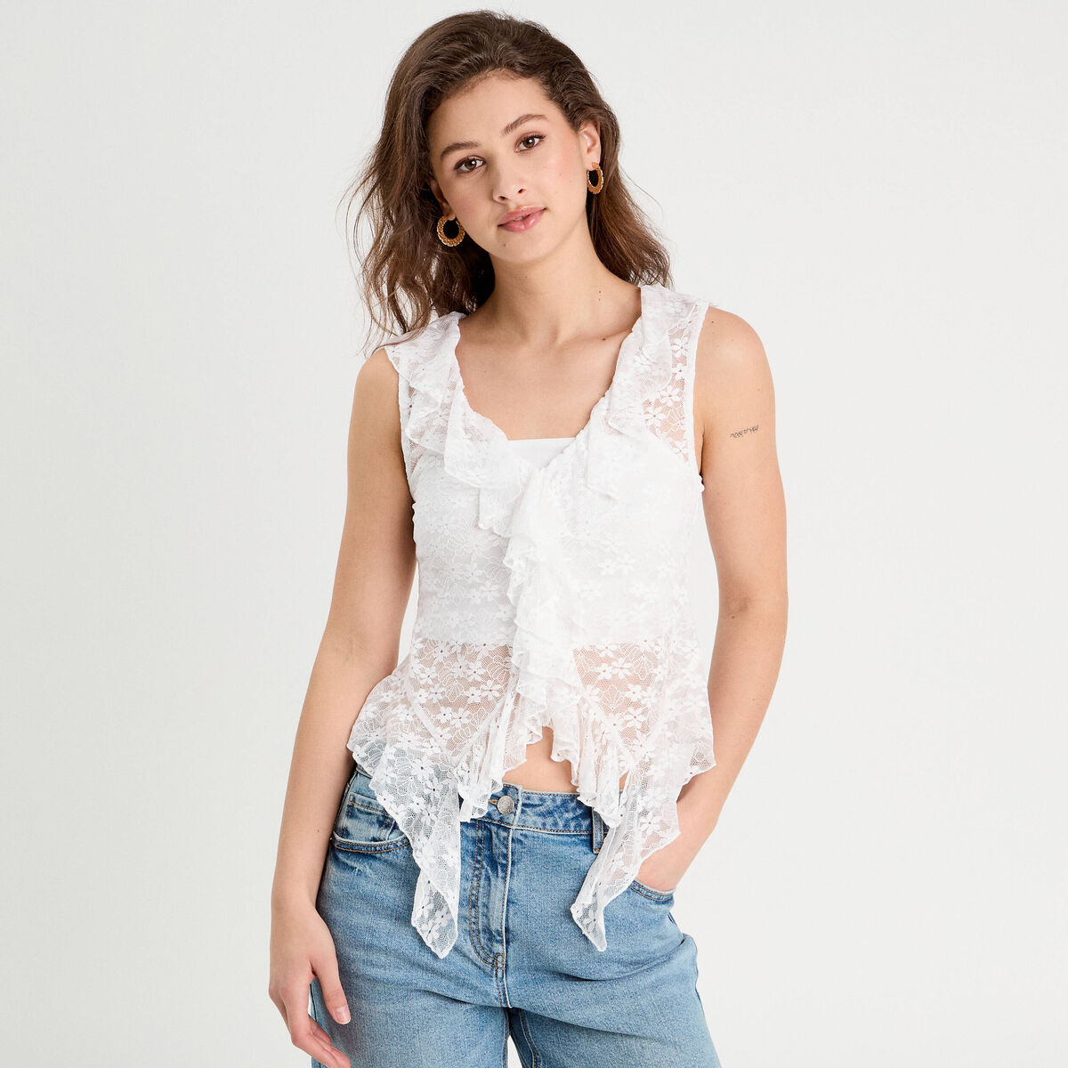 Débardeur dentelle et volants blanc femme