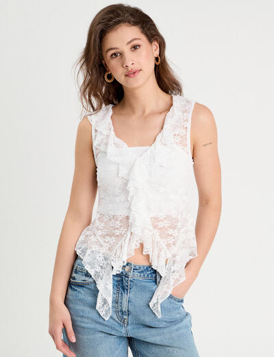 Débardeur dentelle et volants blanc femme
