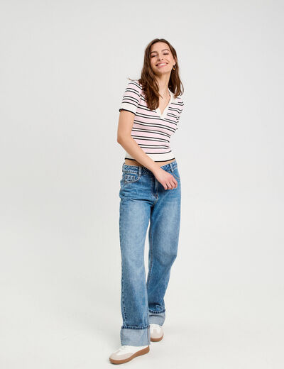 Pull manches courtes col polo rose femme