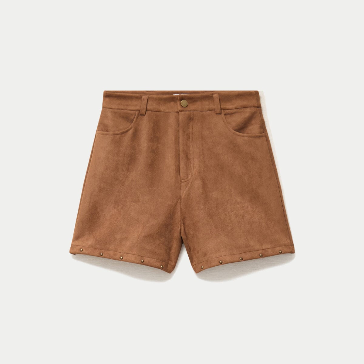 Short taille haute aspect daim clout&eacute; camel femme