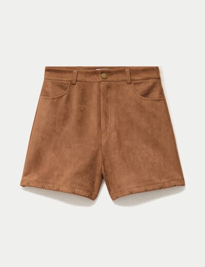 Short taille haute aspect daim clout&eacute; camel femme