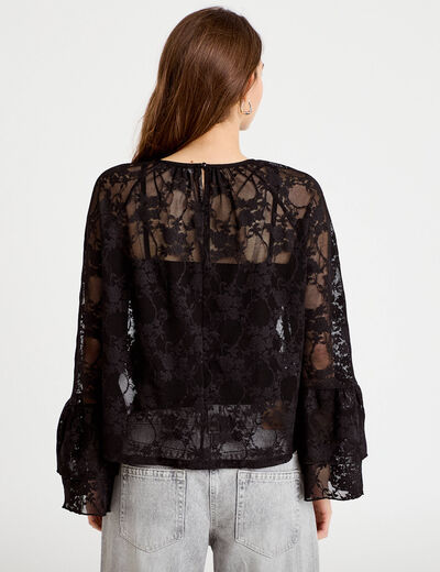 Blouse col rond manches longues dentelle noir femme