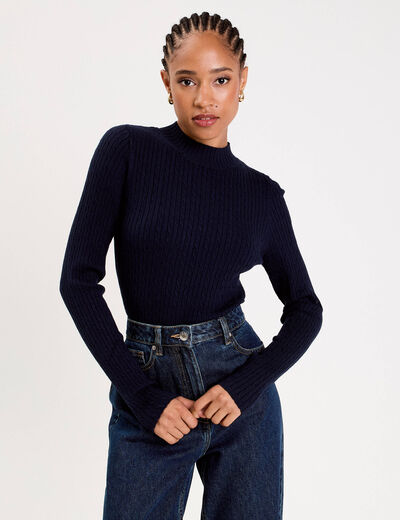 Pull col montant torsades bleu marine femme
