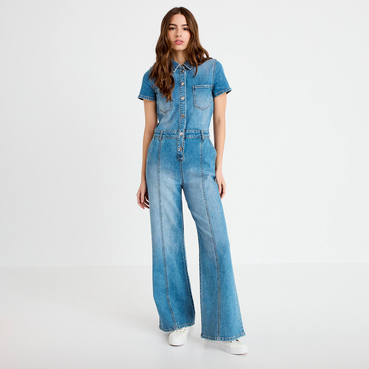 Combinaison manches courtes denim double stone femme