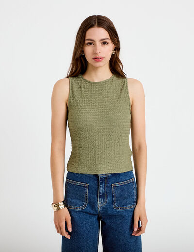 Top pliss&eacute; col rond manches courtes vert kaki femme