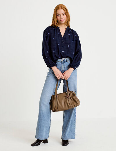 Blouse avec broderie bleu fonc&eacute; femme