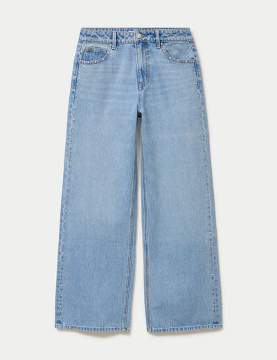 Jean wide leg d&eacute;tails clout&eacute;s denim bleach femme