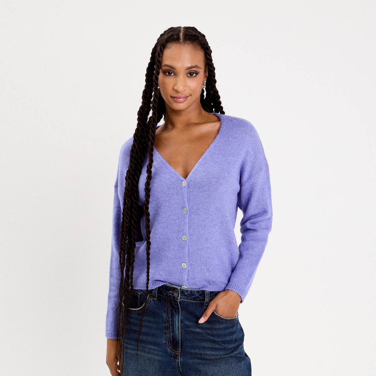 Gilet boutonn&eacute; avec col en V bleu violet femme