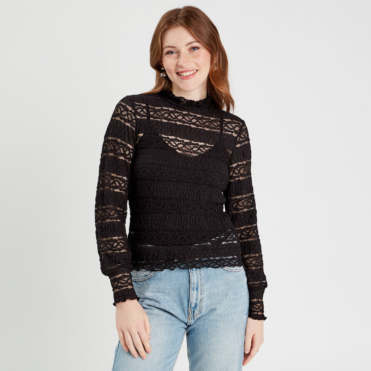 Blouse dentelle col montant noir femme